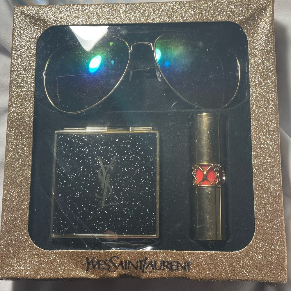 YSL gift set red gloss eyeshadow and rainbow sunglasses